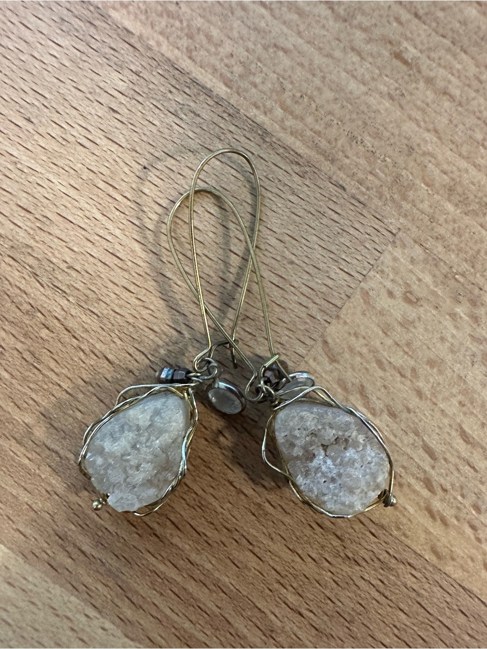 Anthropologie Gold-Tone Wire Wrapped White Druzy Crystal Drop Earrings